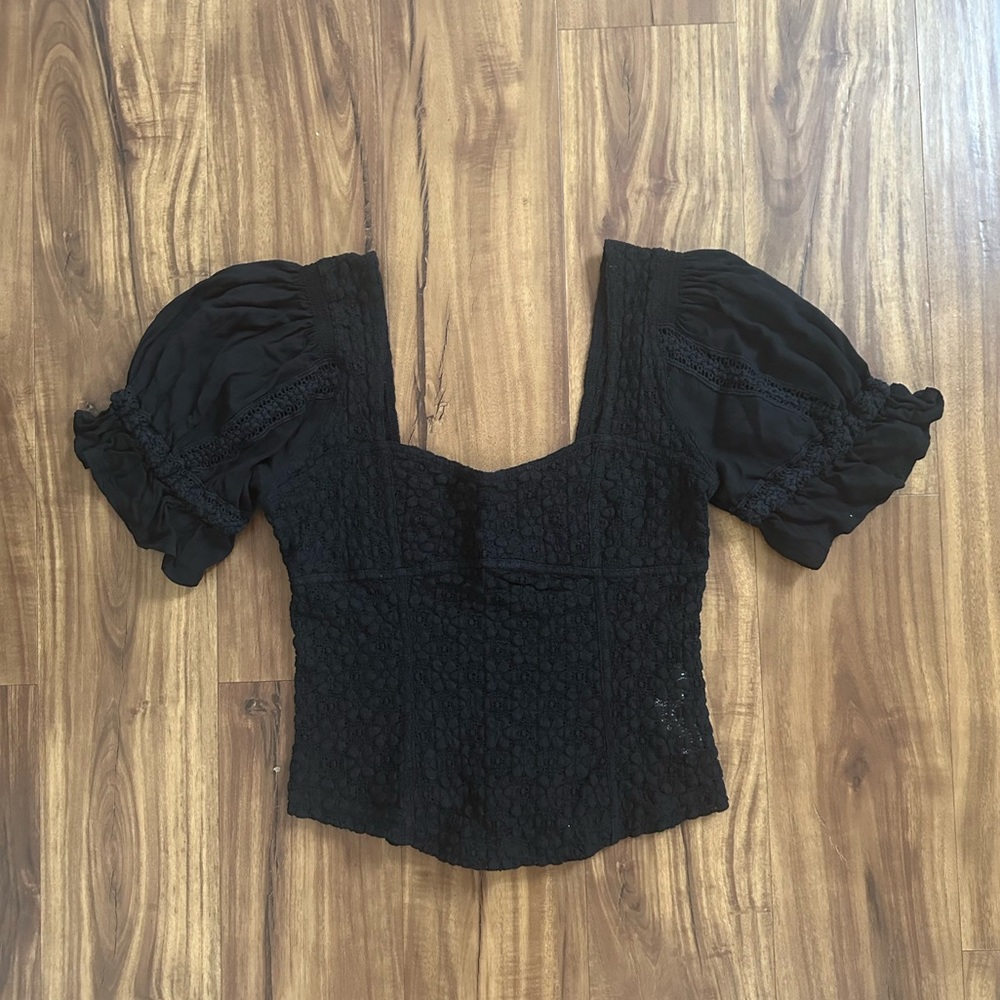 Free People Black Puff Sleeve Eyelet Top Size Small